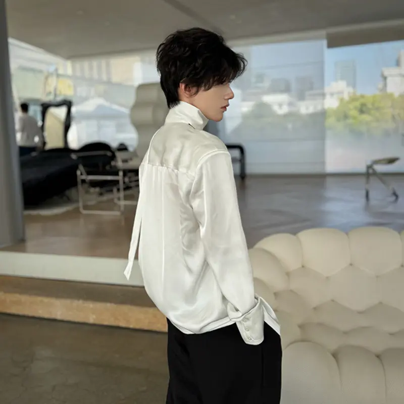 IEFB Men's Long Sleeve Shirts New Korean Style Ribbon Design Personalized Solid Color Single Breasted Trendy Male Tees 9W2179