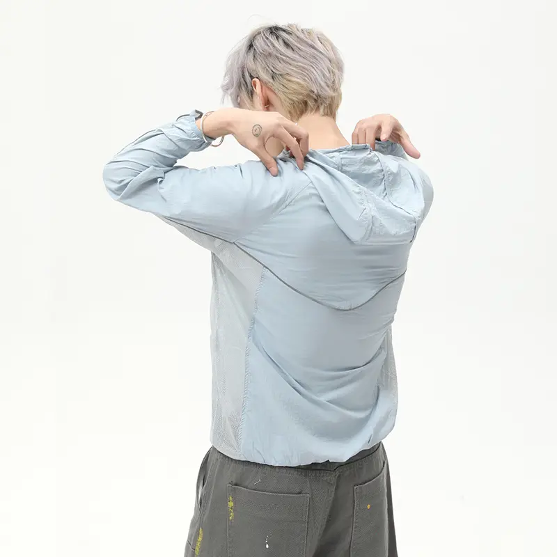 IEFB Hooded Men's Sun-protective Clothing Solid Color Hooded Drawstring Zipper Mesh Patchwork Loose Male Jackets Summer 9W2782