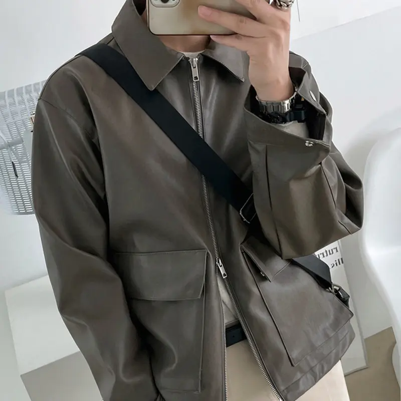 IEFB Korean Style Lapel Men PU Leather Jacket Biker Clothing 2024 New Autumn Zipper Coats Simple Loose Solid Color Tops 9A1170
