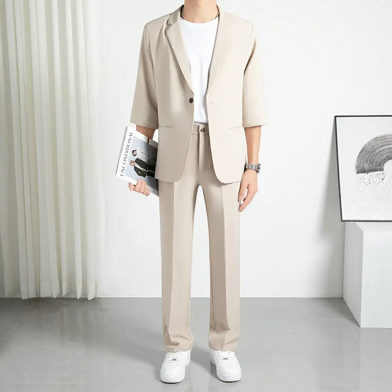 IEFB Summer Fashion Men's Two Piece Set Three Quarter Sleeve Single Button Balzer Straight Leg Cropped Suit Trousers 9W3782