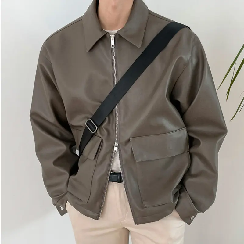IEFB Korean Style Lapel Men PU Leather Jacket Biker Clothing 2024 New Autumn Zipper Coats Simple Loose Solid Color Tops 9A1170