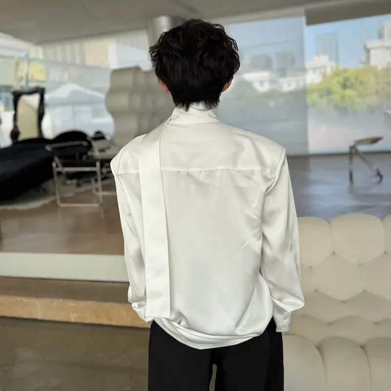 IEFB Men's Long Sleeve Shirts New Korean Style Ribbon Design Personalized Solid Color Single Breasted Trendy Male Tees 9W2179