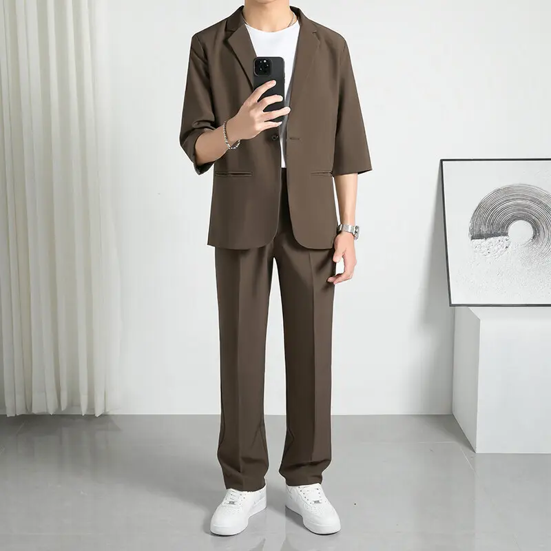 IEFB Summer Fashion Men's Two Piece Set Three Quarter Sleeve Single Button Balzer Straight Leg Cropped Suit Trousers 9W3782