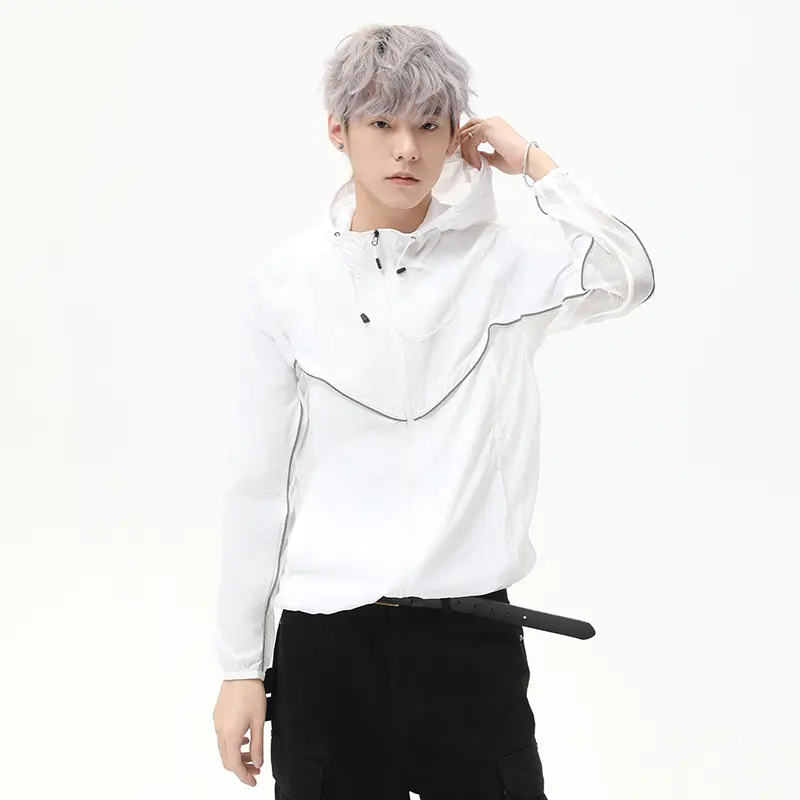 IEFB Hooded Men's Sun-protective Clothing Solid Color Hooded Drawstring Zipper Mesh Patchwork Loose Male Jackets Summer 9W2782