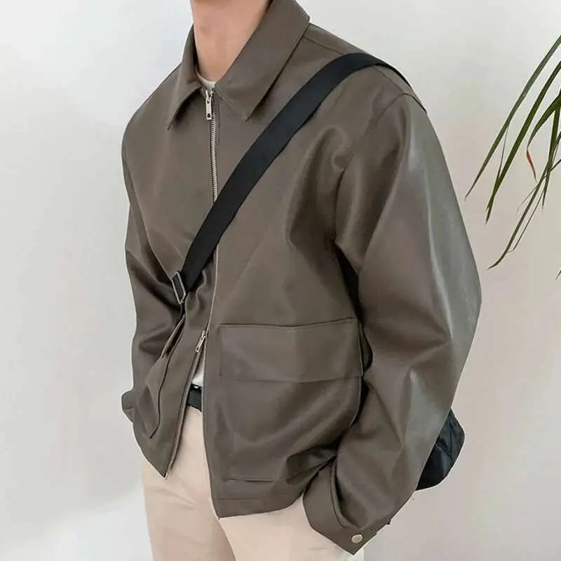 IEFB Korean Style Lapel Men PU Leather Jacket Biker Clothing 2024 New Autumn Zipper Coats Simple Loose Solid Color Tops 9A1170