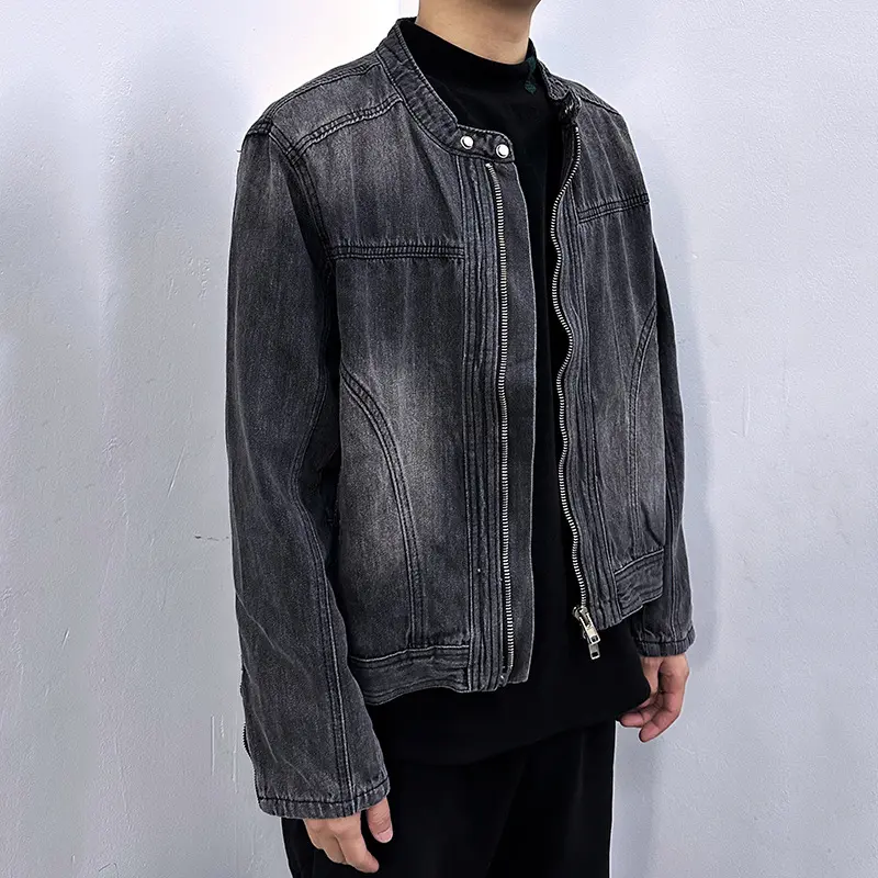 IEFB Men's Denim Jakects Collarless Design Washed Streetwear Worn-out Niche Motorcycle Zipper Trendy Male Clothing New 9W1830