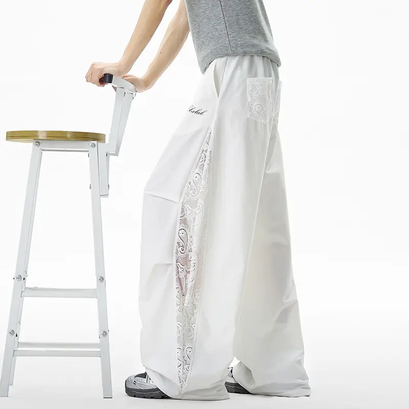 IEFB Summer Wide Leg Trousers Men New Fashion Trend Simple Quick Dry Lace Patchwork Street Dance Pants Elastic Waist  9W3262