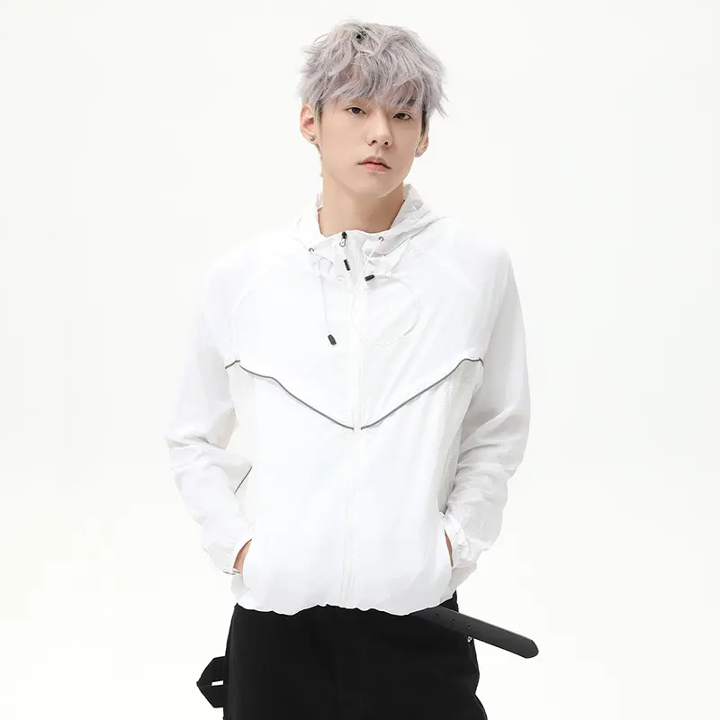 IEFB Hooded Men's Sun-protective Clothing Solid Color Hooded Drawstring Zipper Mesh Patchwork Loose Male Jackets Summer 9W2782