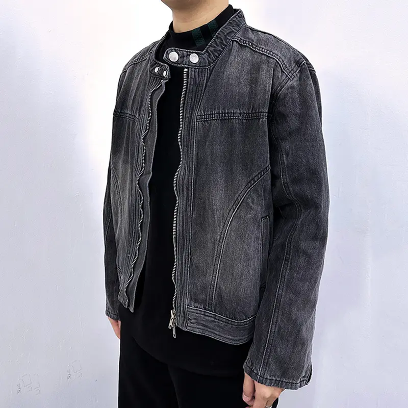 IEFB Men's Denim Jakects Collarless Design Washed Streetwear Worn-out Niche Motorcycle Zipper Trendy Male Clothing New 9W1830
