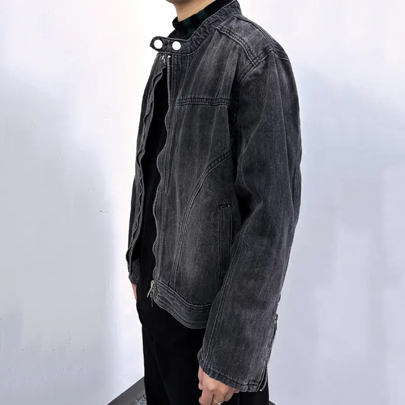 IEFB Men's Denim Jakects Collarless Design Washed Streetwear Worn-out Niche Motorcycle Zipper Trendy Male Clothing New 9W1830