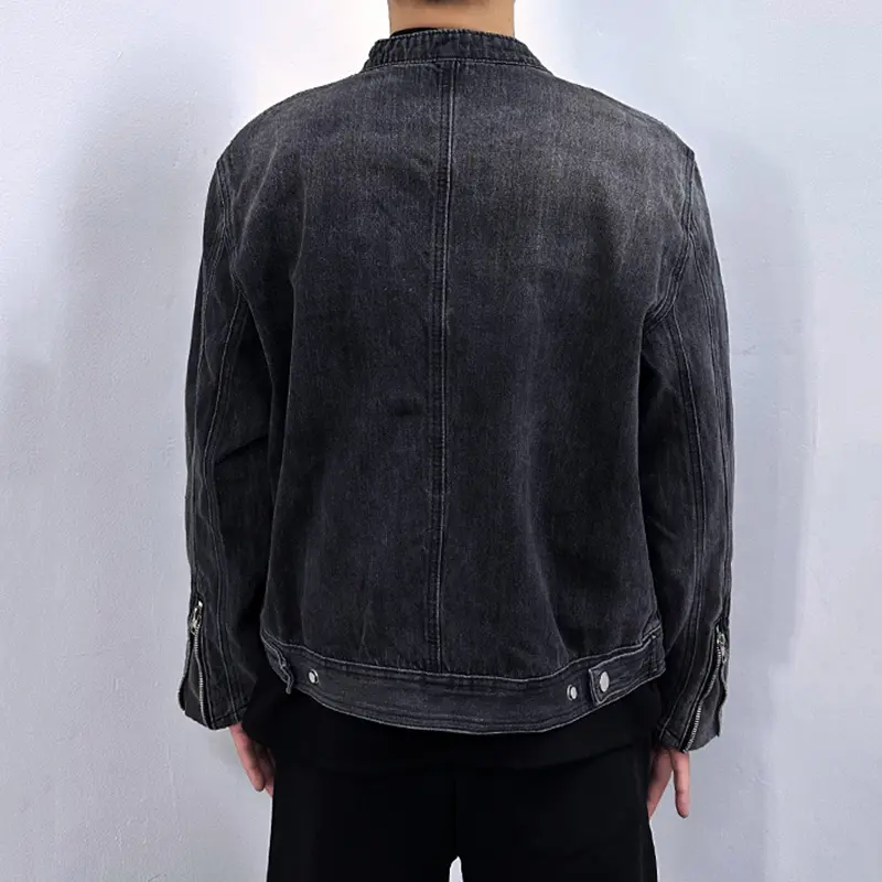 IEFB Men's Denim Jakects Collarless Design Washed Streetwear Worn-out Niche Motorcycle Zipper Trendy Male Clothing New 9W1830