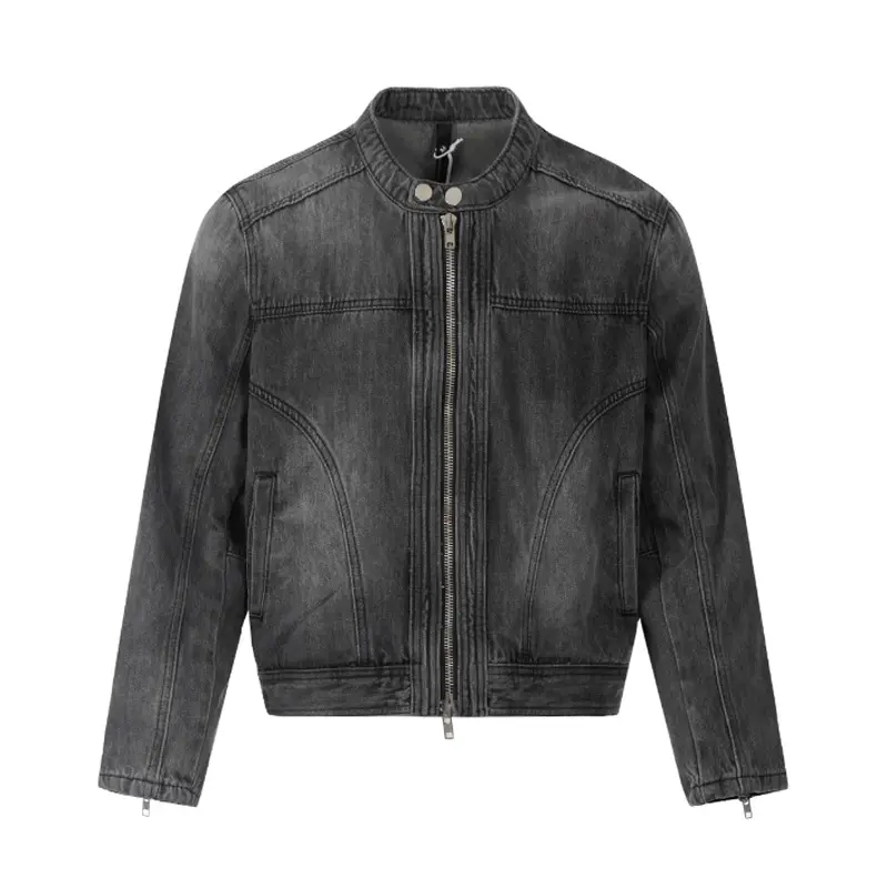 IEFB Men's Denim Jakects Collarless Design Washed Streetwear Worn-out Niche Motorcycle Zipper Trendy Male Clothing New 9W1830
