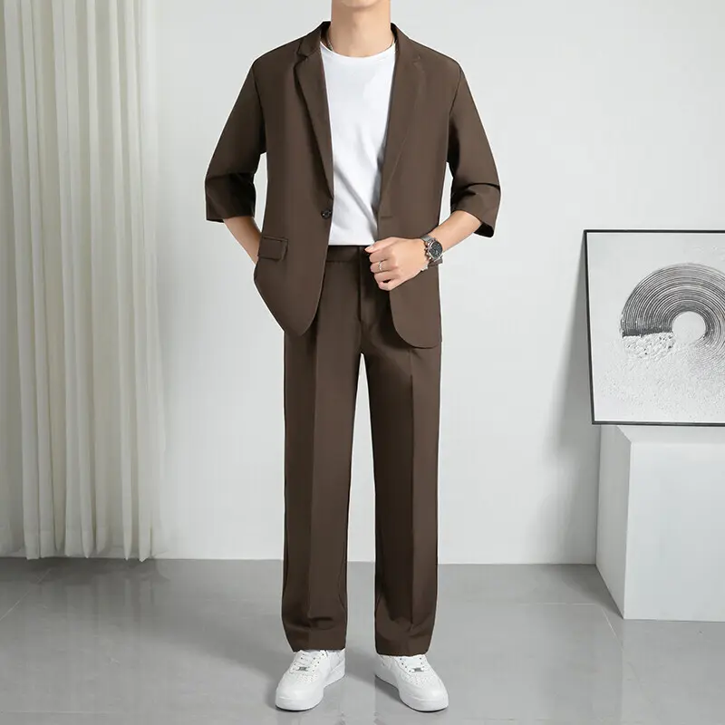 IEFB New Stylish Male Sets Summer Autumn Slightly Loose Youth Short Sleeve Suit Jacket Straight Leg Pants Two-Piece Set 9W3783