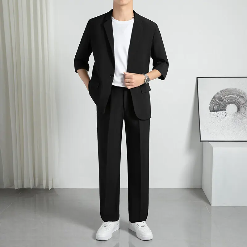 IEFB New Stylish Male Sets Summer Autumn Slightly Loose Youth Short Sleeve Suit Jacket Straight Leg Pants Two-Piece Set 9W3783