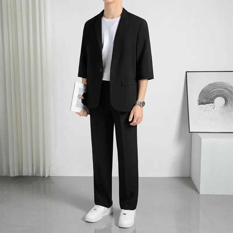 IEFB New Stylish Male Sets Summer Autumn Slightly Loose Youth Short Sleeve Suit Jacket Straight Leg Pants Two-Piece Set 9W3783
