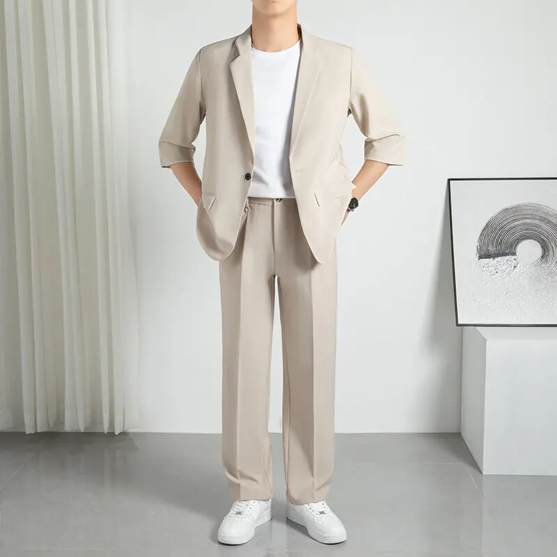 IEFB New Stylish Male Sets Summer Autumn Slightly Loose Youth Short Sleeve Suit Jacket Straight Leg Pants Two-Piece Set 9W3783