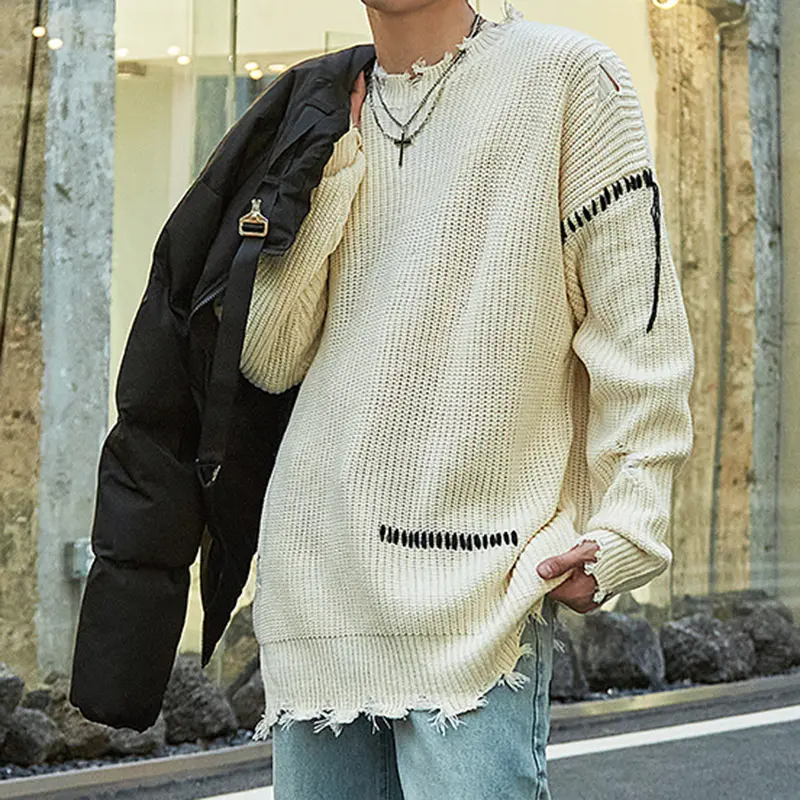 IEFB Men's Sweater Irregular Rough Edges Holes Knitted Trendy Loose Pullover New Korean Style Male Causal Clothing 9W2140