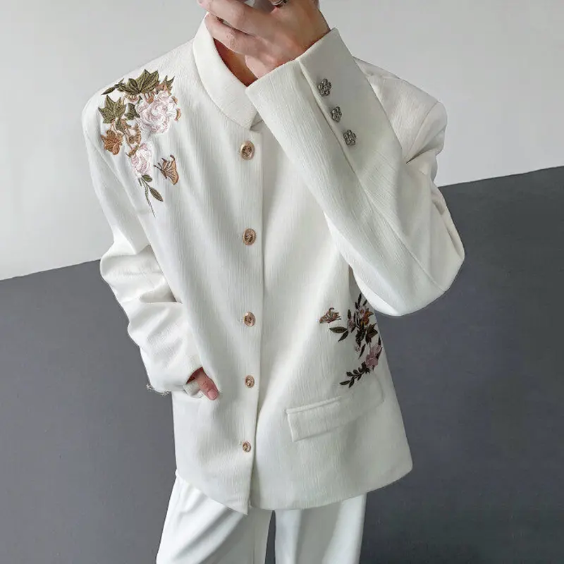 IEFB New Chinese Style Men's Blazers Embroidered Shoulder Padded Stand Collar Corduroy Single Breasted Male Suit Jackets 9W3375