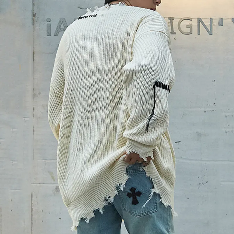 IEFB Men's Sweater Irregular Rough Edges Holes Knitted Trendy Loose Pullover New Korean Style Male Causal Clothing 9W2140