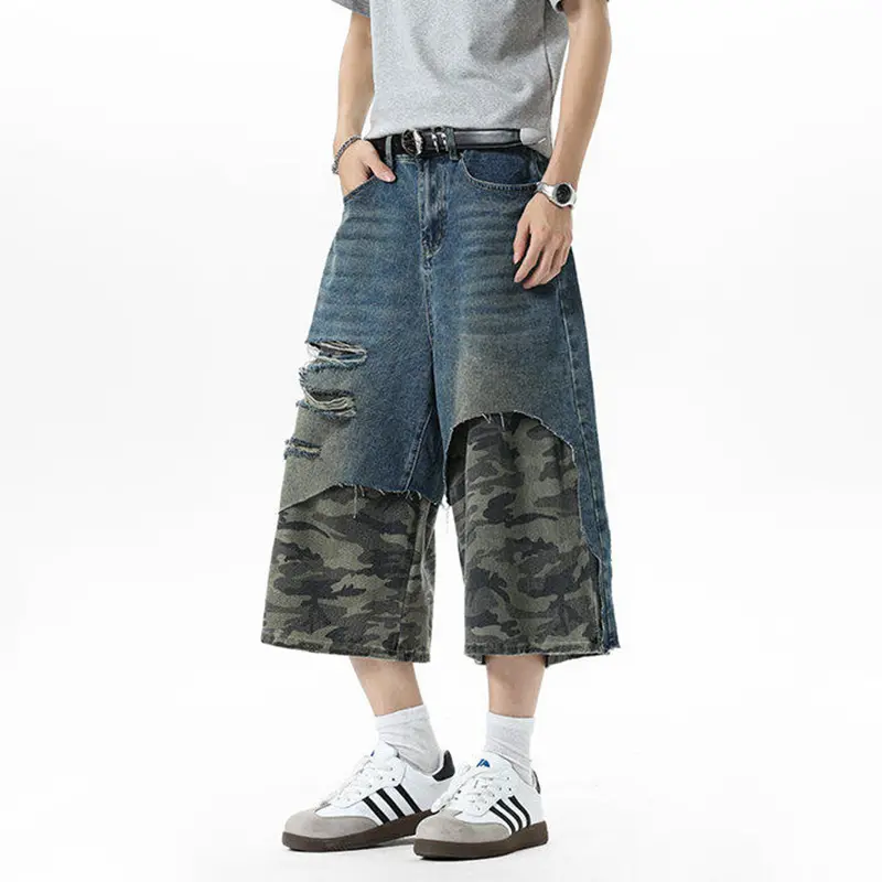 IEFB American Style Men's Jorts High Street Camouflage Patchwork Distressed Denim Shorts Summer New Stylish Bottoms 9W3432