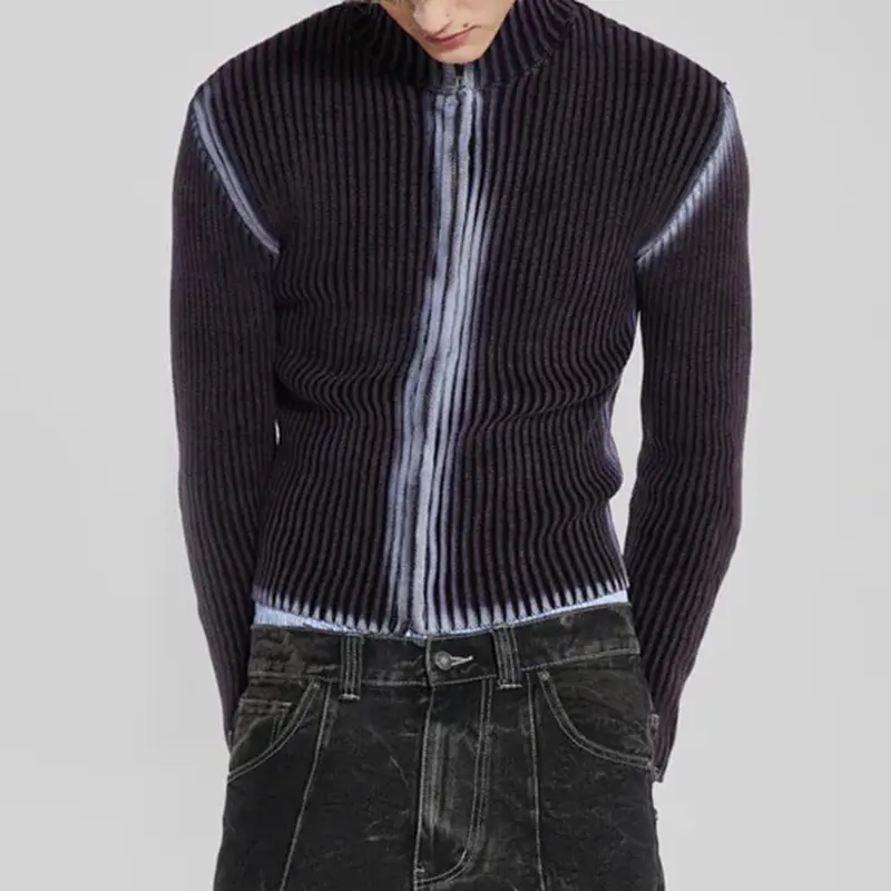 IEFB Men's Sweater Male Knits Tie-dye High Street Sleeveless Pullovers Turtleneck Top Zipper Cardigan Autumn Spring 9C3482