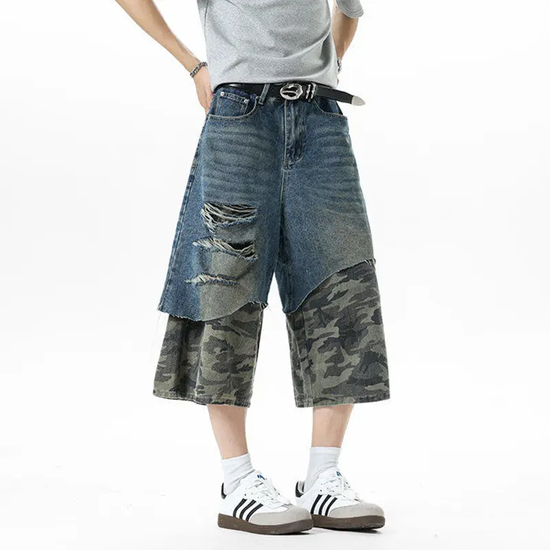 IEFB American Style Men's Jorts High Street Camouflage Patchwork Distressed Denim Shorts Summer New Stylish Bottoms 9W3432