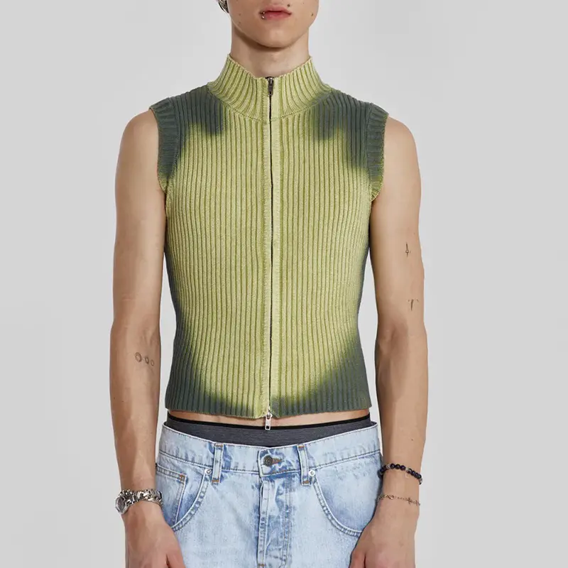 IEFB Men's Sweater Male Knits Tie-dye High Street Sleeveless Pullovers Turtleneck Top Zipper Cardigan Autumn Spring 9C3482