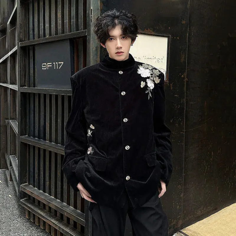 IEFB New Chinese Style Men's Blazers Embroidered Shoulder Padded Stand Collar Corduroy Single Breasted Male Suit Jackets 9W3375