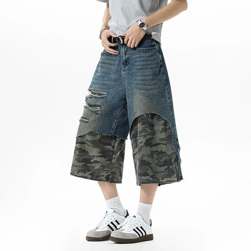 IEFB American Style Men's Jorts High Street Camouflage Patchwork Distressed Denim Shorts Summer New Stylish Bottoms 9W3432