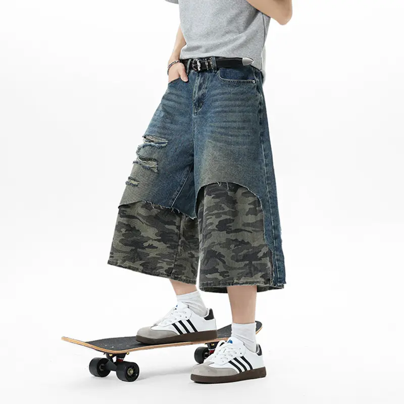 IEFB American Style Men's Jorts High Street Camouflage Patchwork Distressed Denim Shorts Summer New Stylish Bottoms 9W3432