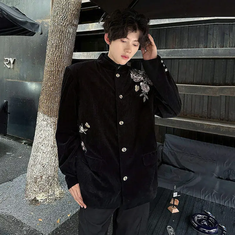 IEFB New Chinese Style Men's Blazers Embroidered Shoulder Padded Stand Collar Corduroy Single Breasted Male Suit Jackets 9W3375