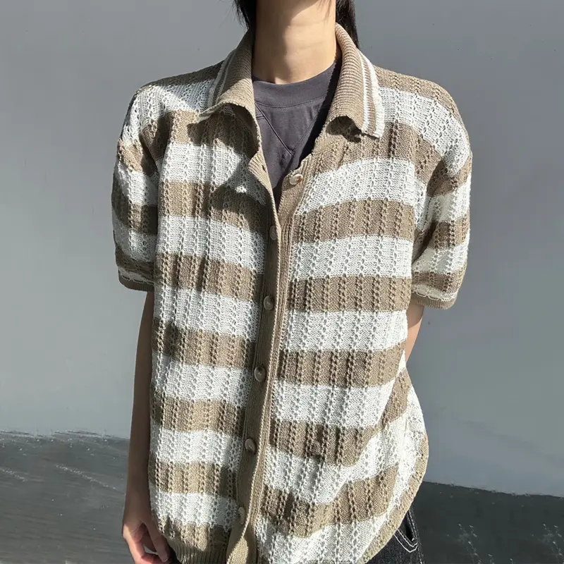 IEFB Korean Style Men's Sweaters Lapel Straiped Contrast Color Single Breasted Loose Knitting Short Sleeved Male Tops 9W2432