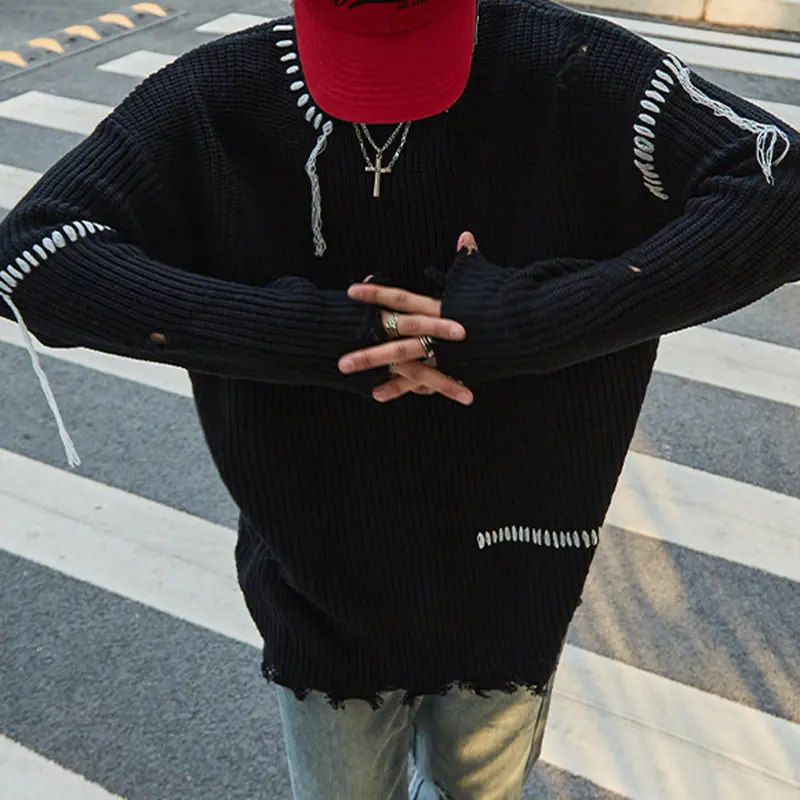 IEFB Men's Sweater Irregular Rough Edges Holes Knitted Trendy Loose Pullover New Korean Style Male Causal Clothing 9W2140