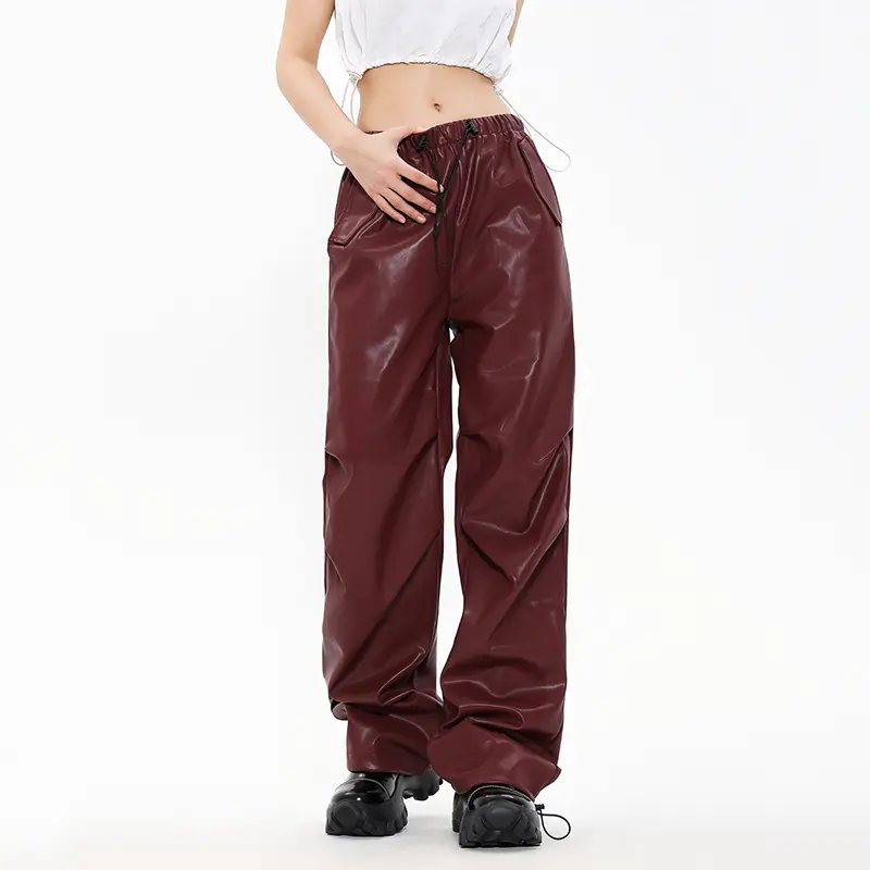 IEFB High Street Trendy PU Leather Pants Men Women Loose Wide Leg Streetwear Motorcycle Style Fold Design Drawstring 9W2867