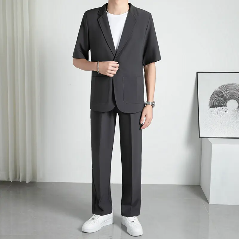 IEFB Summer New Fashion Men's Set Loose Short Sleeve Blazer Double Pockets Suit Pants Business Casual Male Two Piece Sets 9W3784