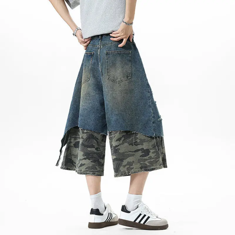 IEFB American Style Men's Jorts High Street Camouflage Patchwork Distressed Denim Shorts Summer New Stylish Bottoms 9W3432