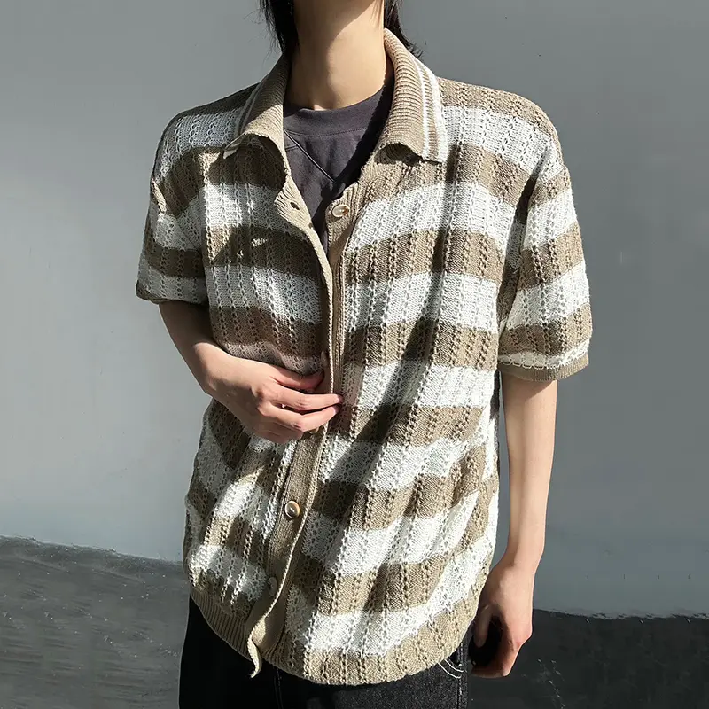 IEFB Korean Style Men's Sweaters Lapel Straiped Contrast Color Single Breasted Loose Knitting Short Sleeved Male Tops 9W2432
