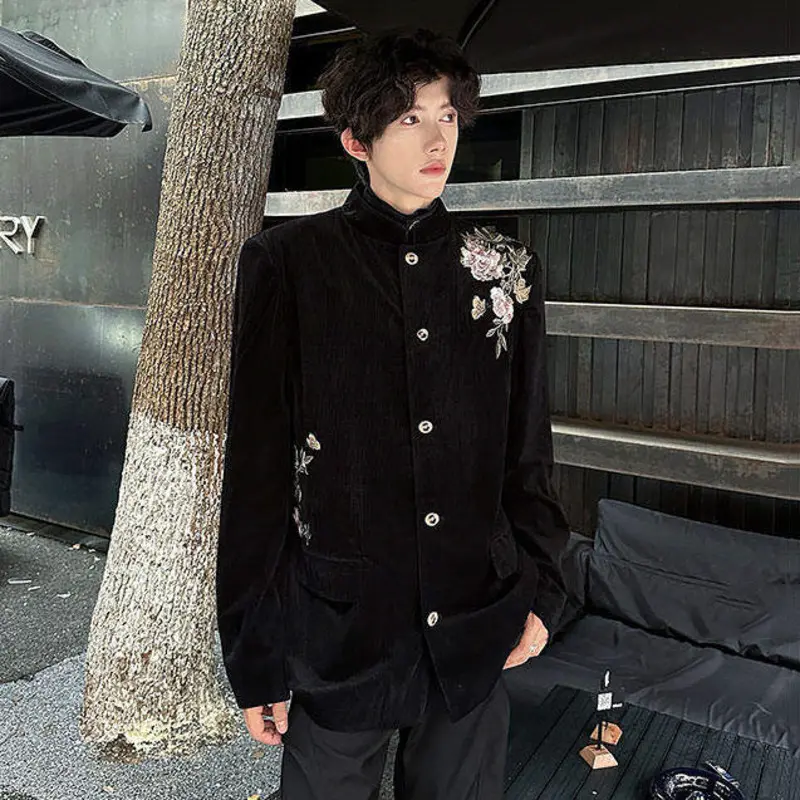 IEFB New Chinese Style Men's Blazers Embroidered Shoulder Padded Stand Collar Corduroy Single Breasted Male Suit Jackets 9W3375