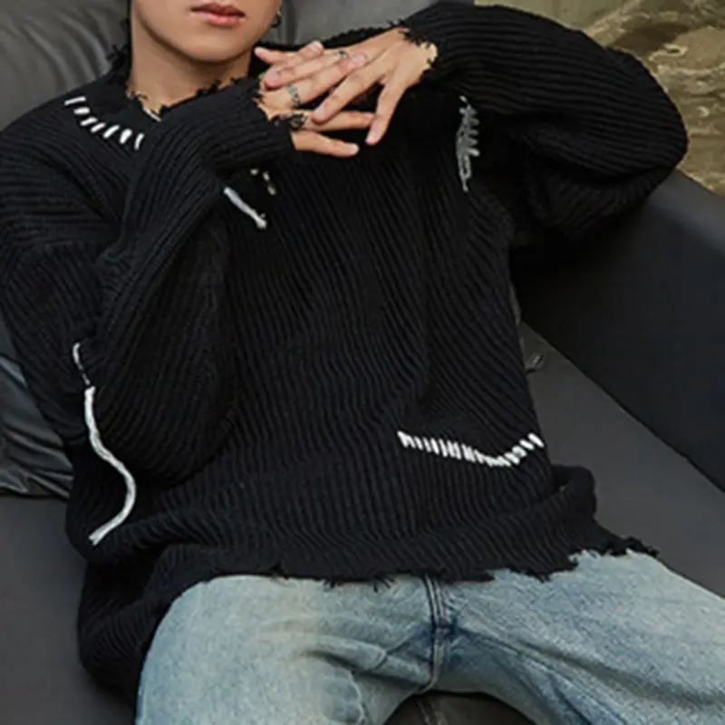 IEFB Men's Sweater Irregular Rough Edges Holes Knitted Trendy Loose Pullover New Korean Style Male Causal Clothing 9W2140
