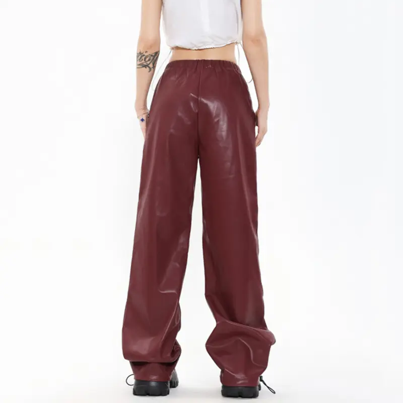 IEFB High Street Trendy PU Leather Pants Men Women Loose Wide Leg Streetwear Motorcycle Style Fold Design Drawstring 9W2867