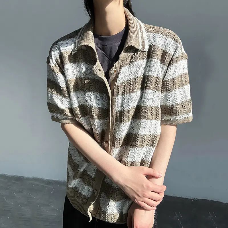 IEFB Korean Style Men's Sweaters Lapel Straiped Contrast Color Single Breasted Loose Knitting Short Sleeved Male Tops 9W2432
