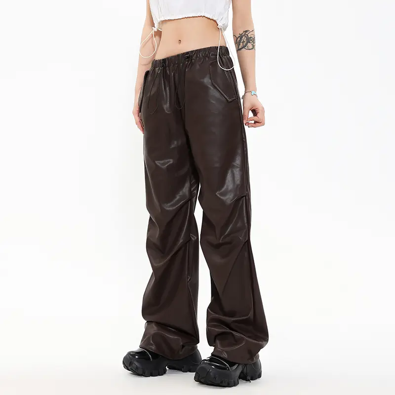 IEFB High Street Trendy PU Leather Pants Men Women Loose Wide Leg Streetwear Motorcycle Style Fold Design Drawstring 9W2867