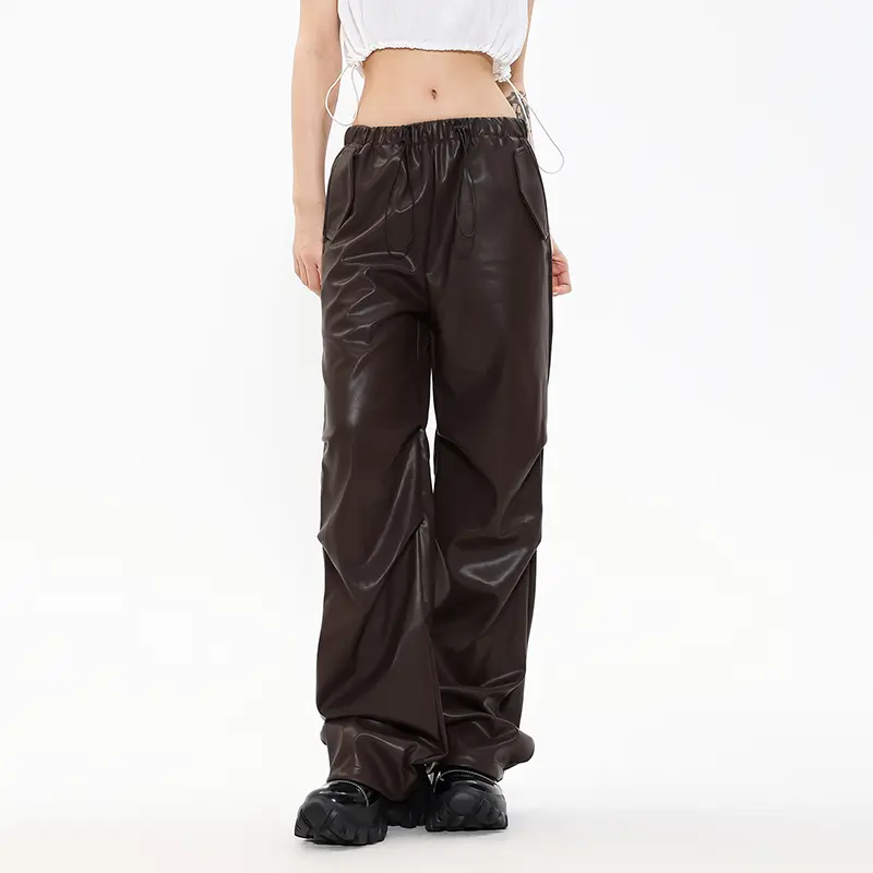 IEFB High Street Trendy PU Leather Pants Men Women Loose Wide Leg Streetwear Motorcycle Style Fold Design Drawstring 9W2867