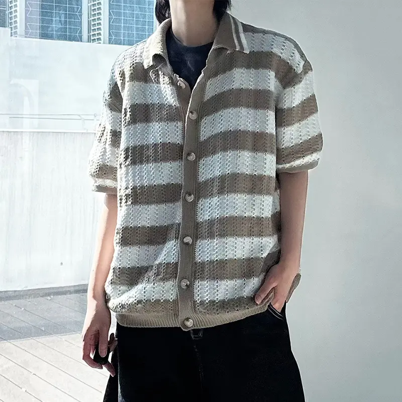 IEFB Korean Style Men's Sweaters Lapel Straiped Contrast Color Single Breasted Loose Knitting Short Sleeved Male Tops 9W2432