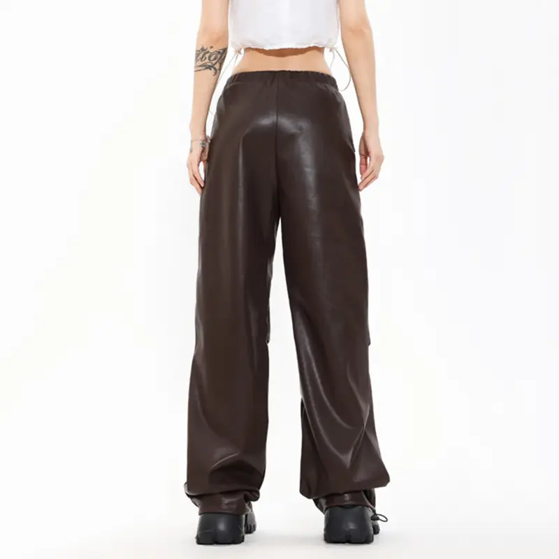 IEFB High Street Trendy PU Leather Pants Men Women Loose Wide Leg Streetwear Motorcycle Style Fold Design Drawstring 9W2867