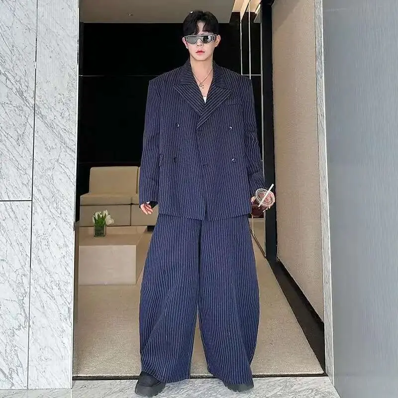 IEFB Striped Design Men's Sets Casual Lapel Double Breasted Suit Jackets Elastic Waist Straight Wide Leg Loose Male Pants 9W331