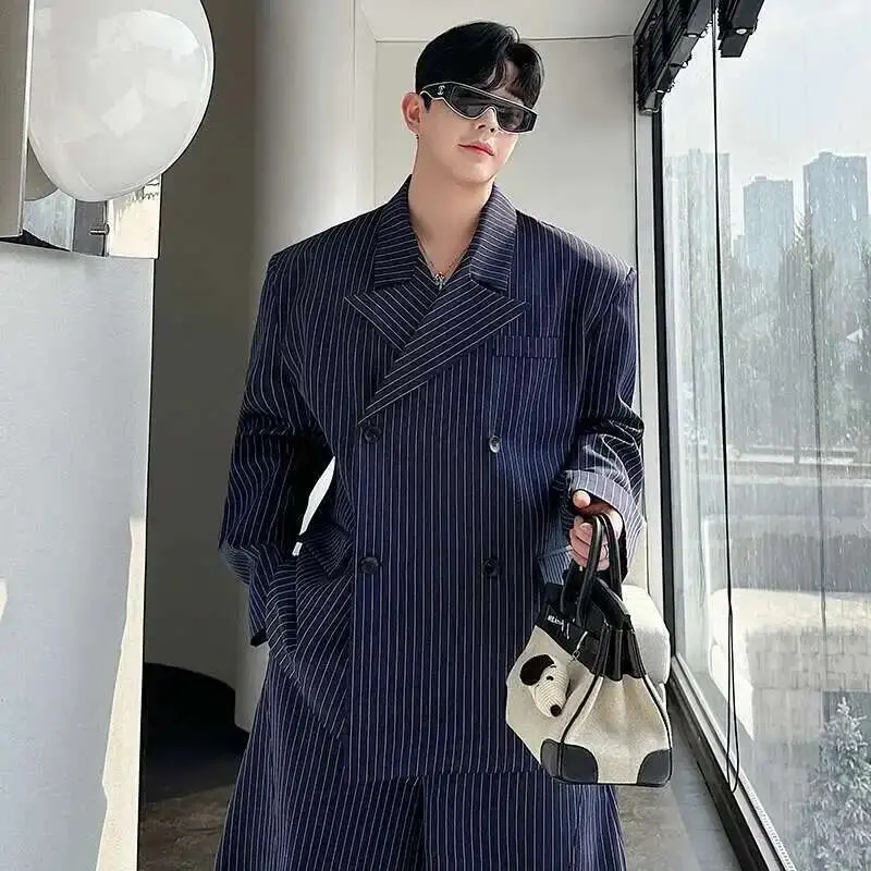 IEFB Striped Design Men's Sets Casual Lapel Double Breasted Suit Jackets Elastic Waist Straight Wide Leg Loose Male Pants 9W331