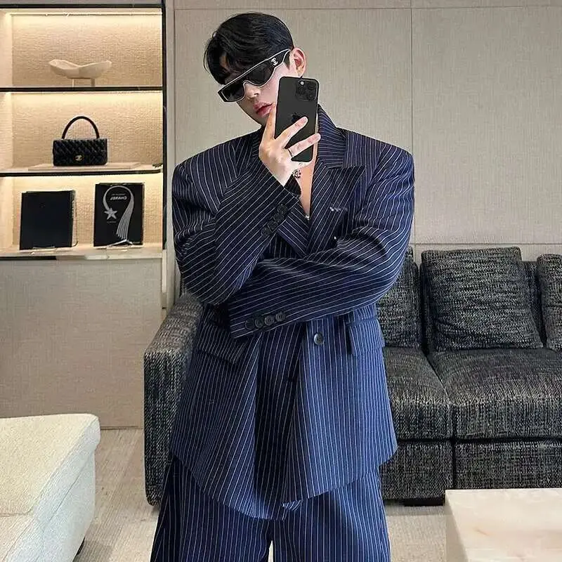 IEFB Striped Design Men's Sets Casual Lapel Double Breasted Suit Jackets Elastic Waist Straight Wide Leg Loose Male Pants 9W331