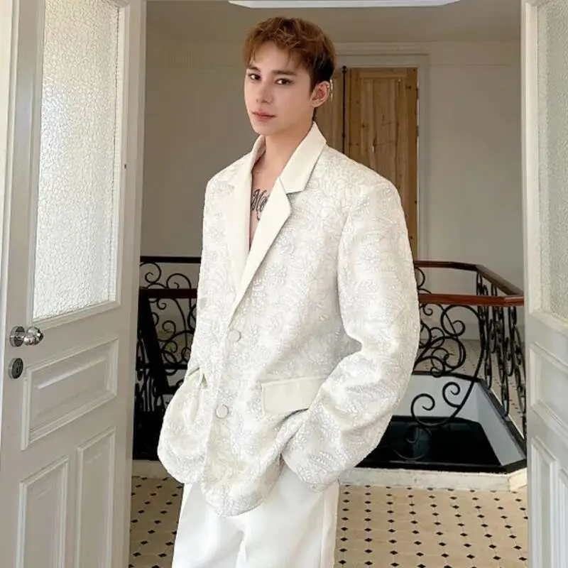IEFB Male Blazer Doublelayer Threedimensional Relief Embroidered Lapel Deisgn Solid Color Single Breasted Suit Jacket 9W1487