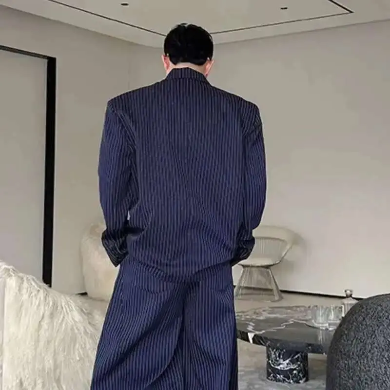 IEFB Striped Design Men's Sets Casual Lapel Double Breasted Suit Jackets Elastic Waist Straight Wide Leg Loose Male Pants 9W331